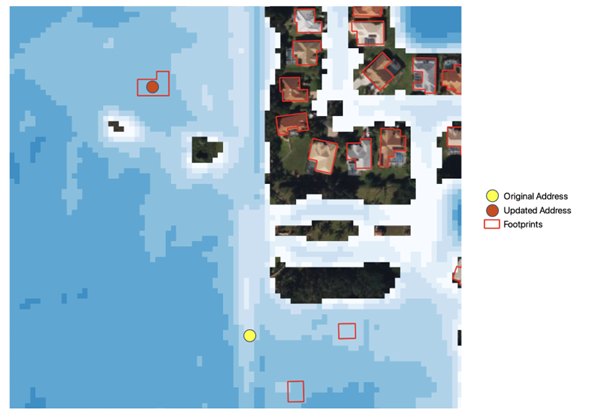 An incorrectly geocoded policy along with its corrected building footprint layered with SAR flooding data